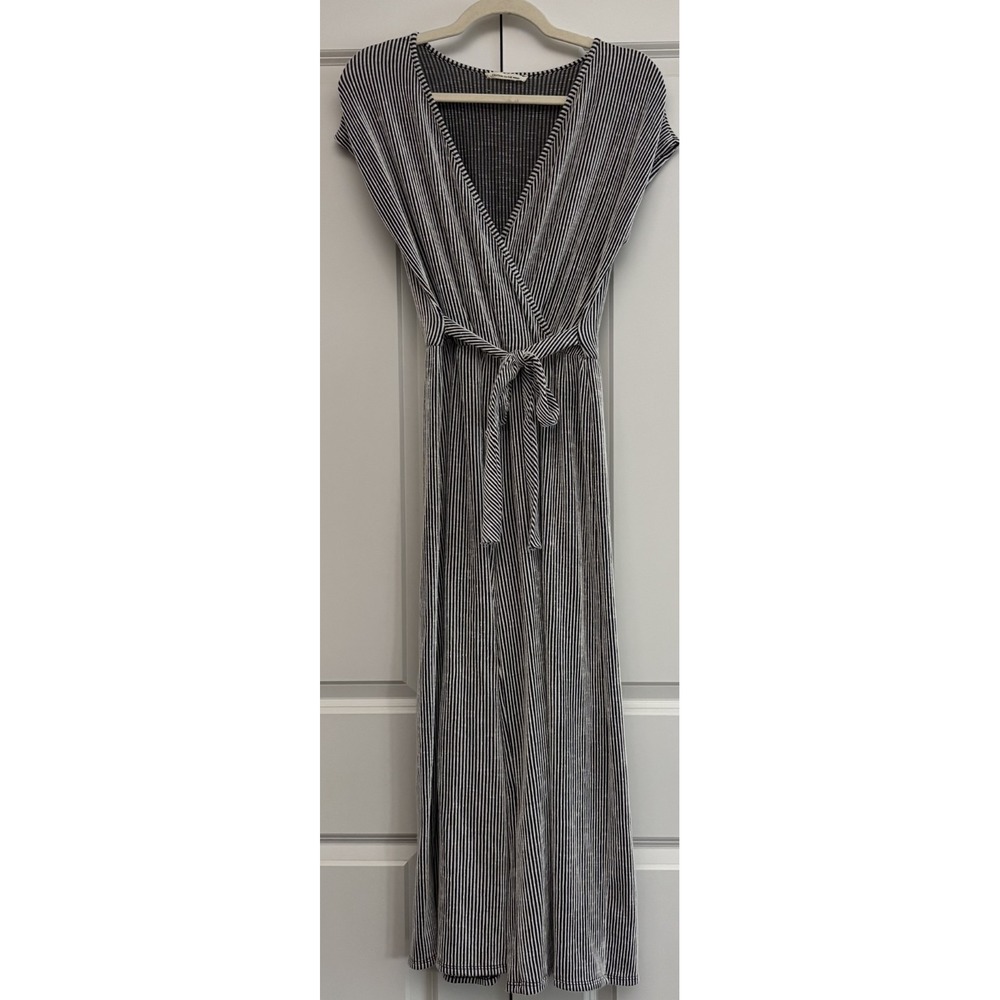 Caution To The Wind Womens Wrap Jumpsuit Black Wide Leg Striped Drop Shoulder S